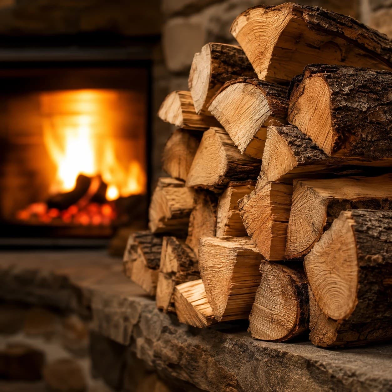 Bûches de bois sec près du poêle de la maison